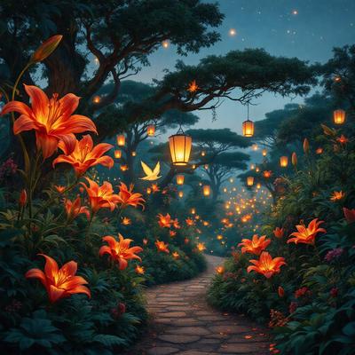 The primary subject of the image is a pathway surrounded by flowers and lit lanterns. The setting is a forest with a dirt path, and the visual style is a painting or digital art. The colors and mood of the image are warm and inviting, with the flowers and lanterns creating a serene and magical atmosphere.